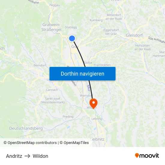 Andritz to Wildon map