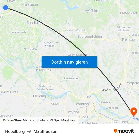 Nebelberg to Mauthausen map