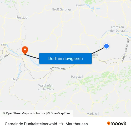 Gemeinde Dunkelsteinerwald to Mauthausen map