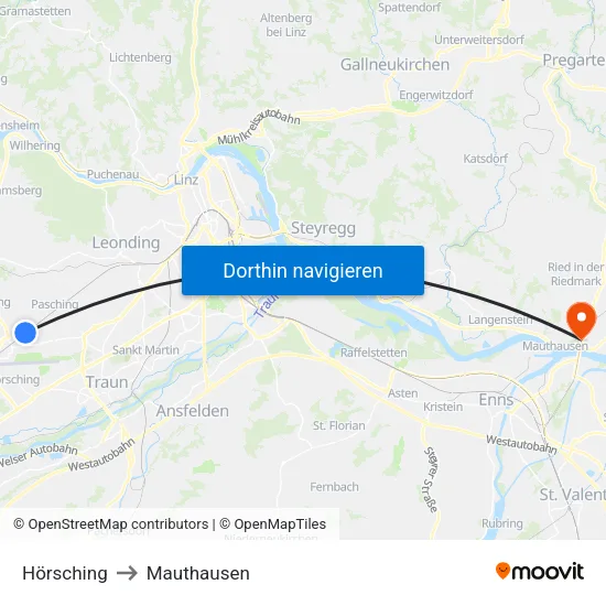 Hörsching to Mauthausen map