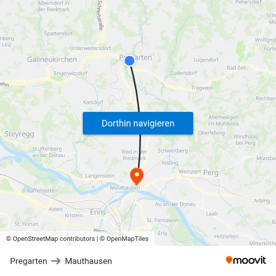 Pregarten to Mauthausen map