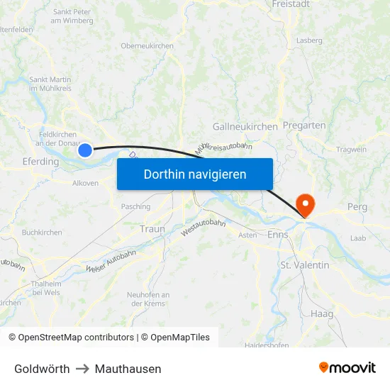 Goldwörth to Mauthausen map