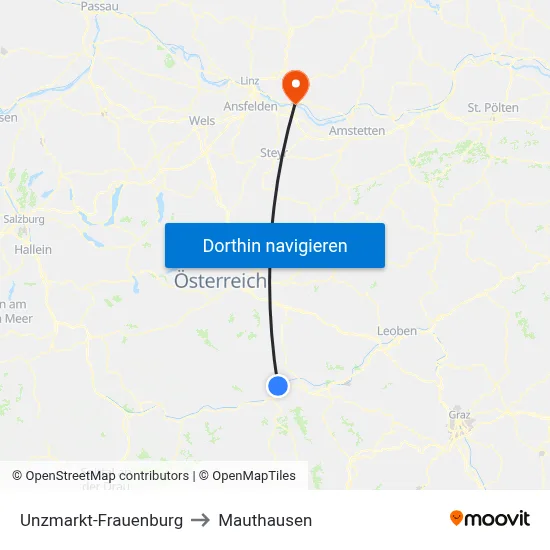 Unzmarkt-Frauenburg to Mauthausen map