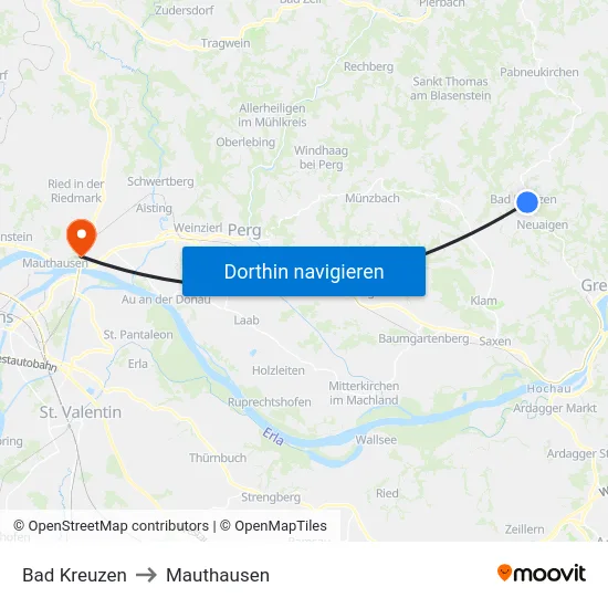 Bad Kreuzen to Mauthausen map