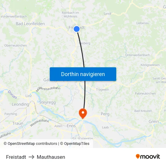 Freistadt to Mauthausen map