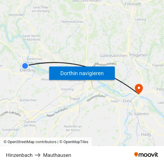 Hinzenbach to Mauthausen map