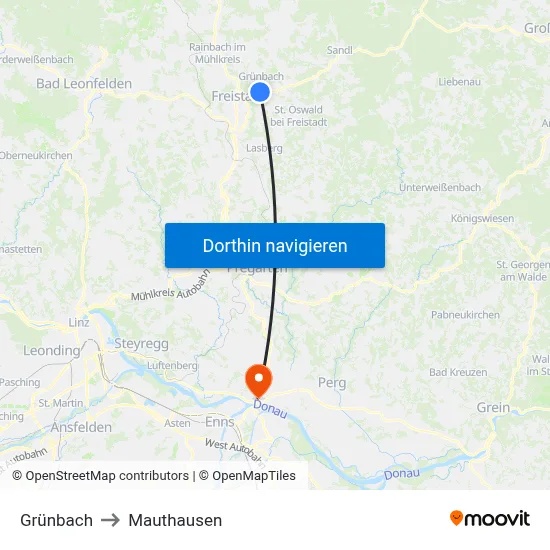 Grünbach to Mauthausen map