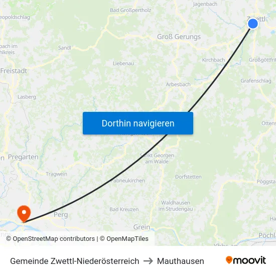 Gemeinde Zwettl-Niederösterreich to Mauthausen map