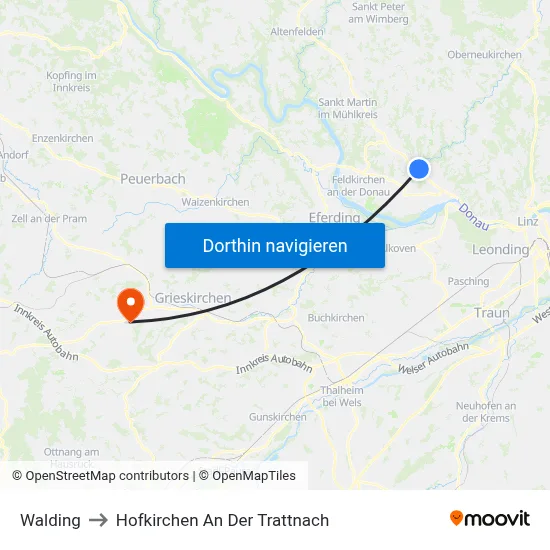 Walding to Hofkirchen An Der Trattnach map