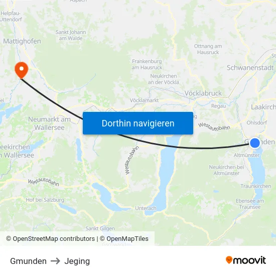 Gmunden to Jeging map