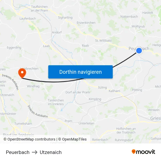 Peuerbach to Utzenaich map