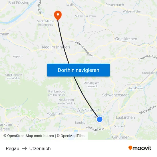 Regau to Utzenaich map
