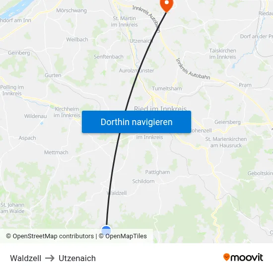 Waldzell to Utzenaich map