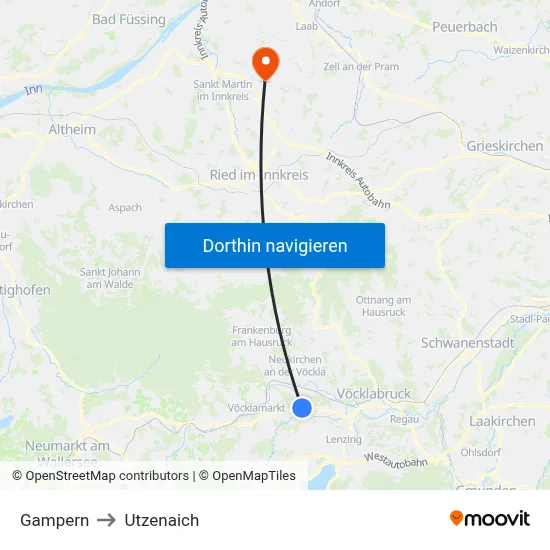 Gampern to Utzenaich map