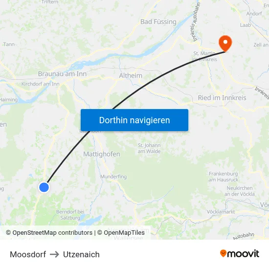 Moosdorf to Utzenaich map