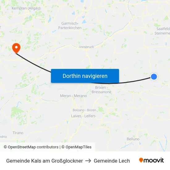 Gemeinde Kals am Großglockner to Gemeinde Lech map
