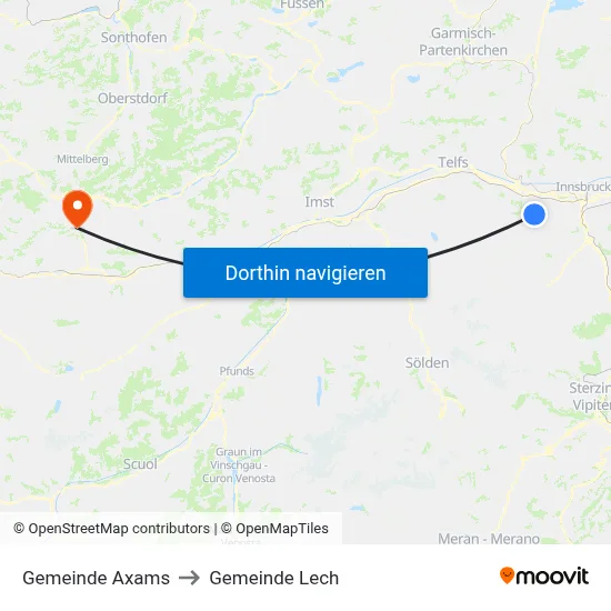 Gemeinde Axams to Gemeinde Lech map