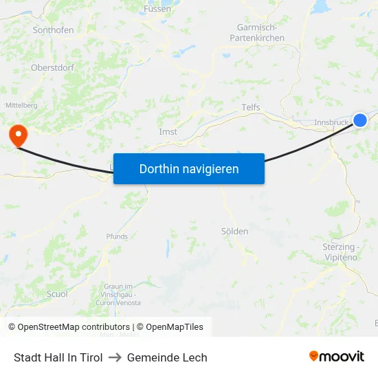Stadt Hall In Tirol to Gemeinde Lech map