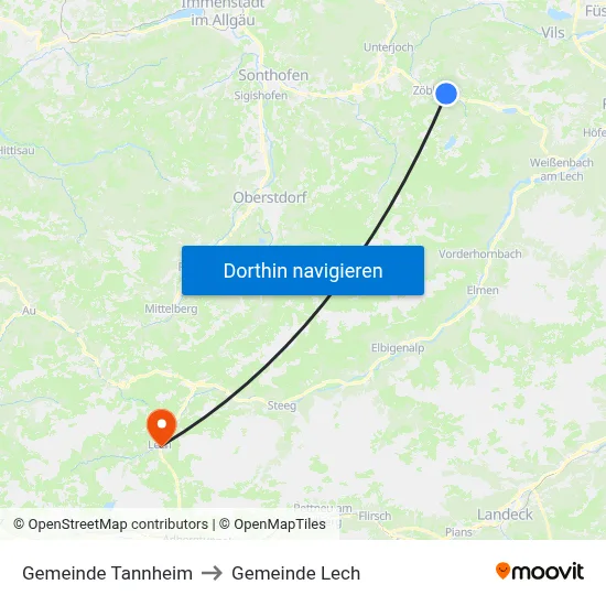 Gemeinde Tannheim to Gemeinde Lech map
