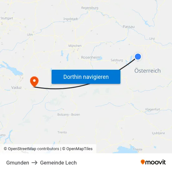 Gmunden to Gemeinde Lech map
