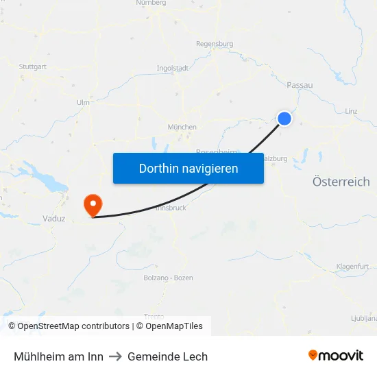 Mühlheim am Inn to Gemeinde Lech map