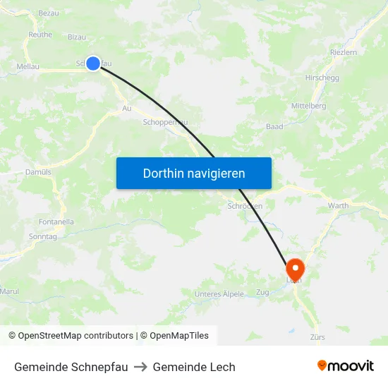 Gemeinde Schnepfau to Gemeinde Lech map