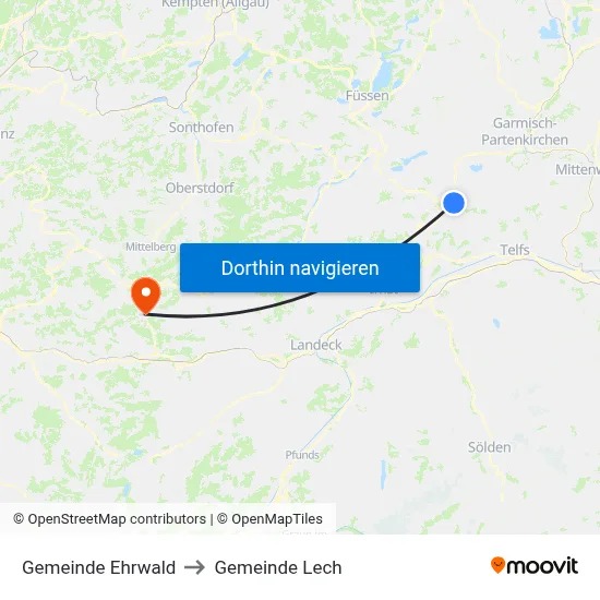 Gemeinde Ehrwald to Gemeinde Lech map