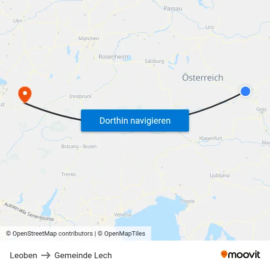 Leoben to Gemeinde Lech map