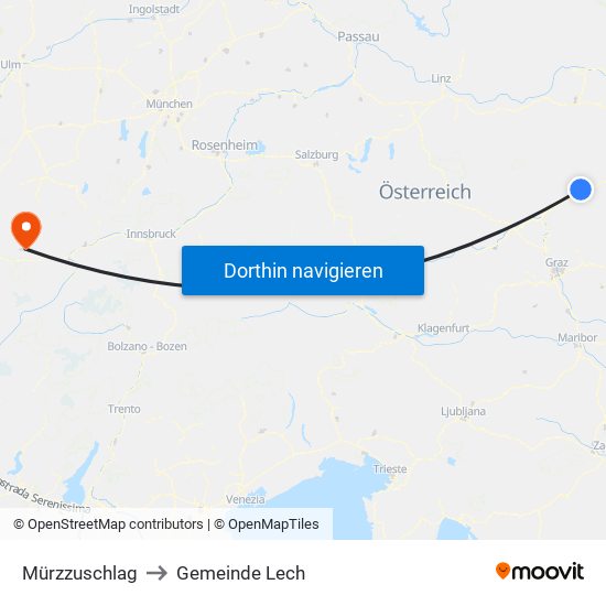 Mürzzuschlag to Gemeinde Lech map