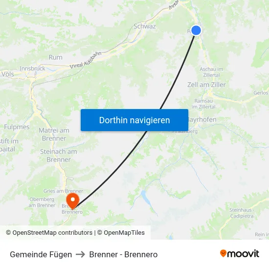 Gemeinde Fügen to Brenner - Brennero map