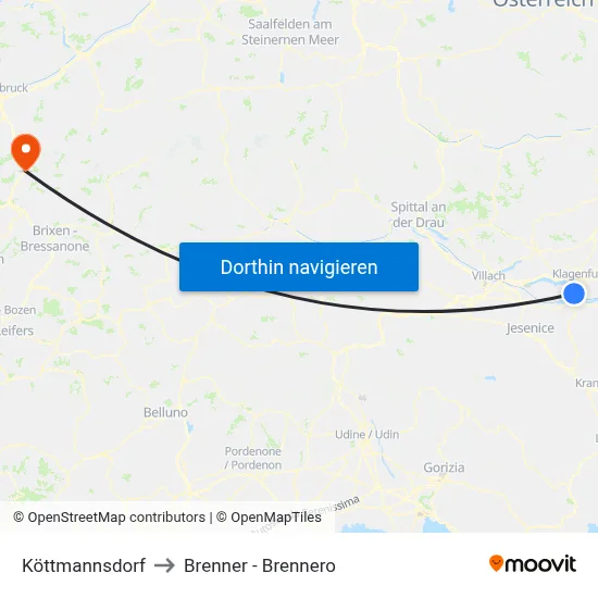 Köttmannsdorf to Brenner - Brennero map