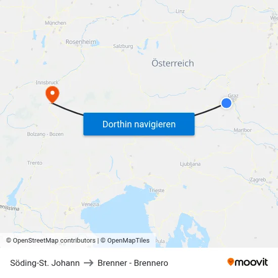 Söding-St. Johann to Brenner - Brennero map