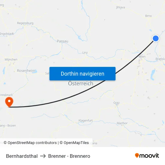Bernhardsthal to Brenner - Brennero map