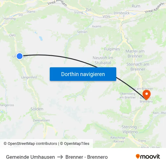 Gemeinde Umhausen to Brenner - Brennero map