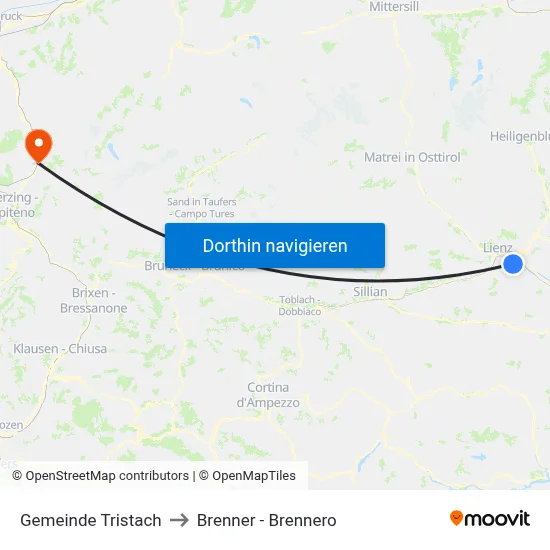 Gemeinde Tristach to Brenner - Brennero map