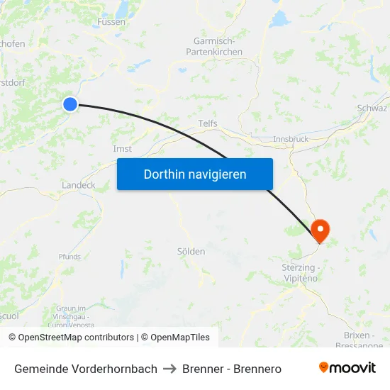 Gemeinde Vorderhornbach to Brenner - Brennero map