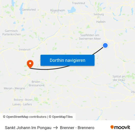 Sankt Johann Im Pongau to Brenner - Brennero map