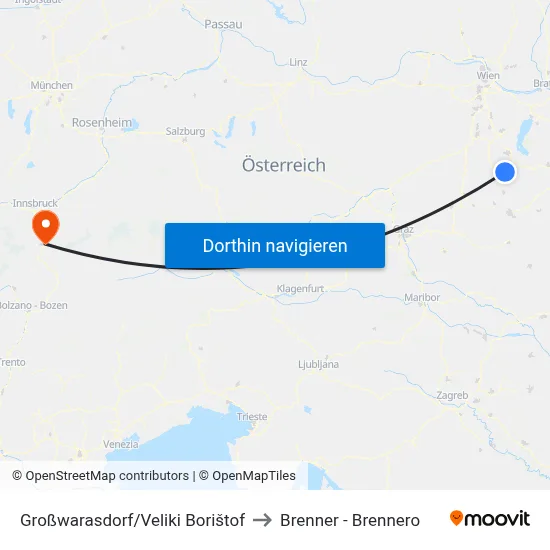 Großwarasdorf/Veliki Borištof to Brenner - Brennero map