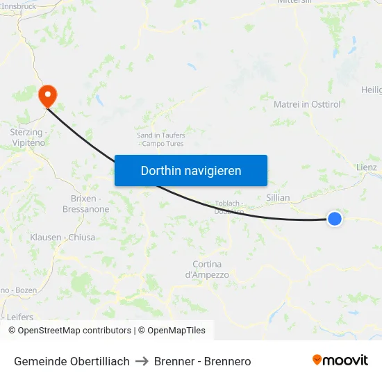 Gemeinde Obertilliach to Brenner - Brennero map