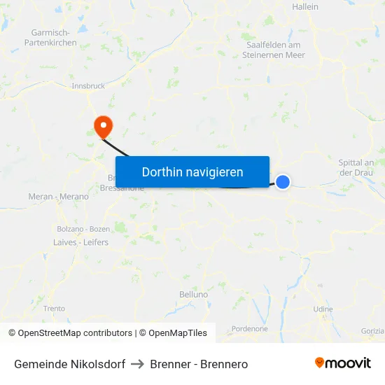 Gemeinde Nikolsdorf to Brenner - Brennero map