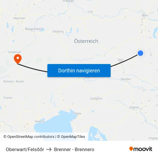 Oberwart/Felsőőr to Brenner - Brennero map