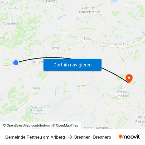 Gemeinde Pettneu am Arlberg to Brenner - Brennero map