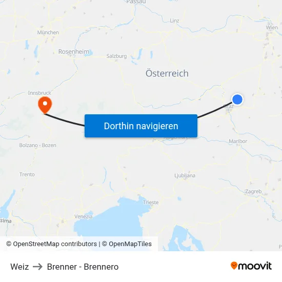 Weiz to Brenner - Brennero map