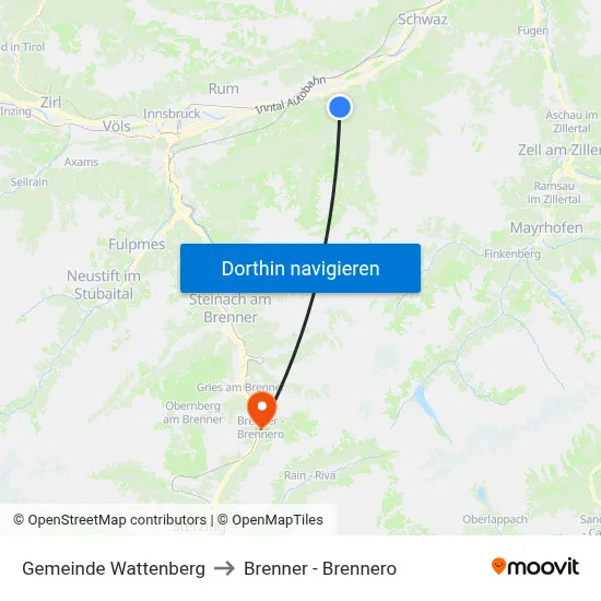 Gemeinde Wattenberg to Brenner - Brennero map