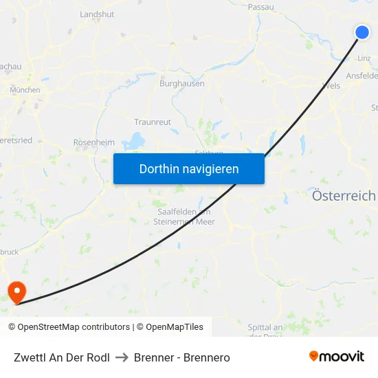 Zwettl An Der Rodl to Brenner - Brennero map