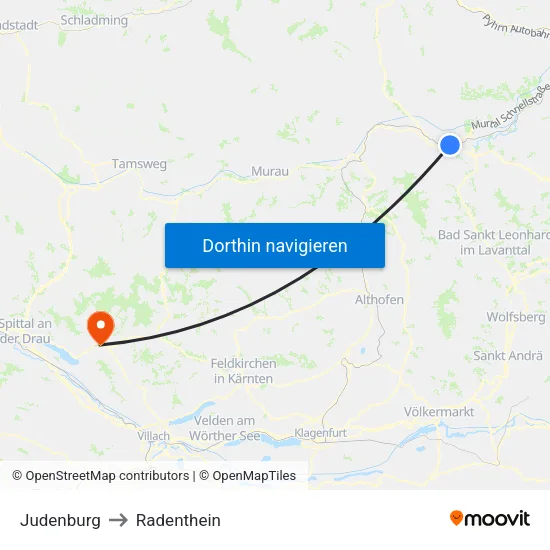 Judenburg to Radenthein map