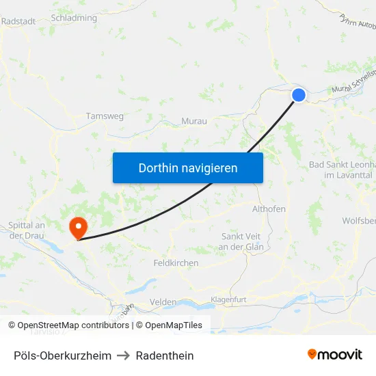 Pöls-Oberkurzheim to Radenthein map