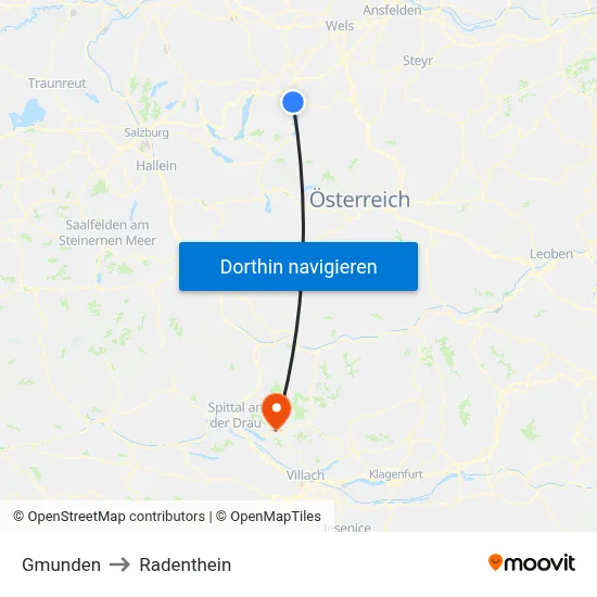 Gmunden to Radenthein map