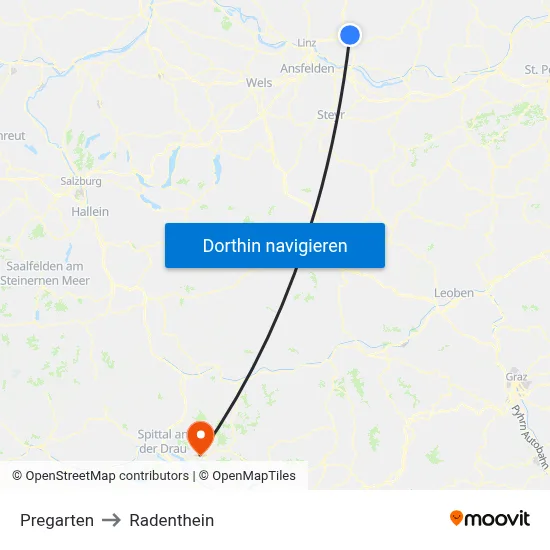 Pregarten to Radenthein map