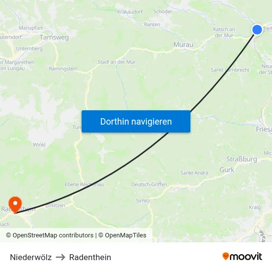 Niederwölz to Radenthein map
